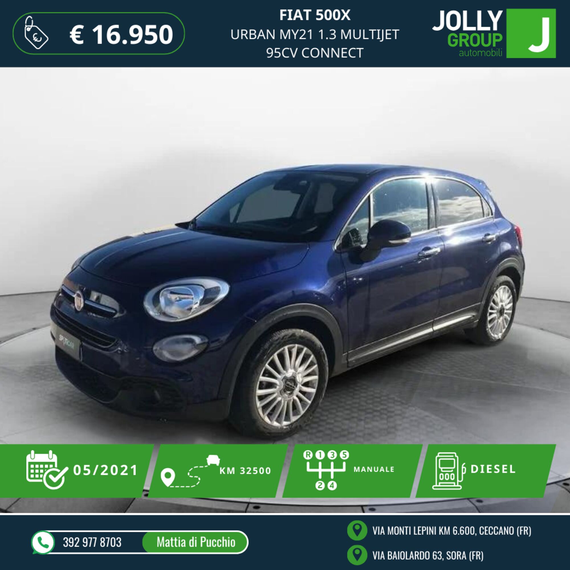 Fiat 500X 1.3 MultiJet 95 CV Urban  del 2021 usata a Sora